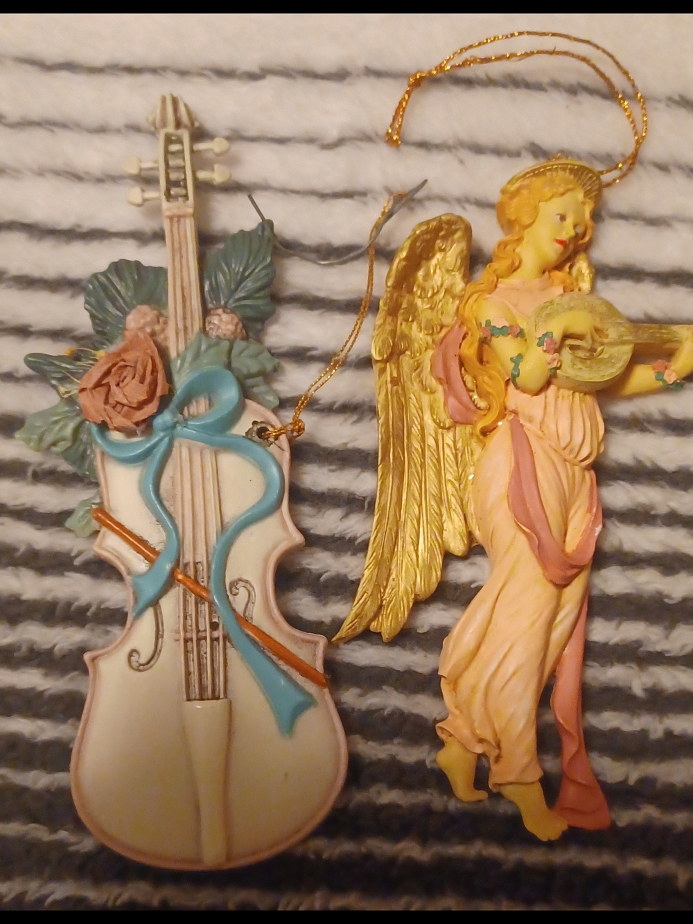 Hand-Painted Angel and Violin Holiday Ornaments - Gold & Cream